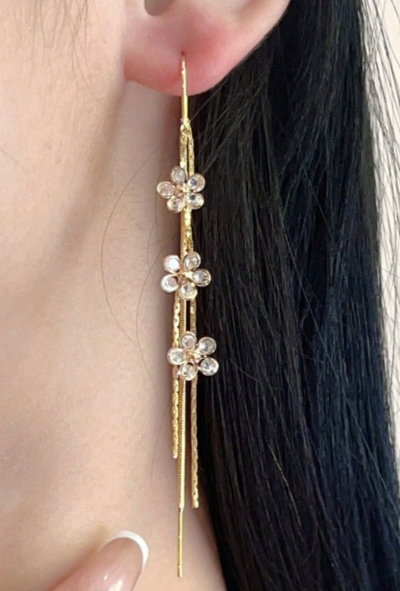 1pair Gold-Color Copper Flower & Cubic Zirconia Dangle Earrings