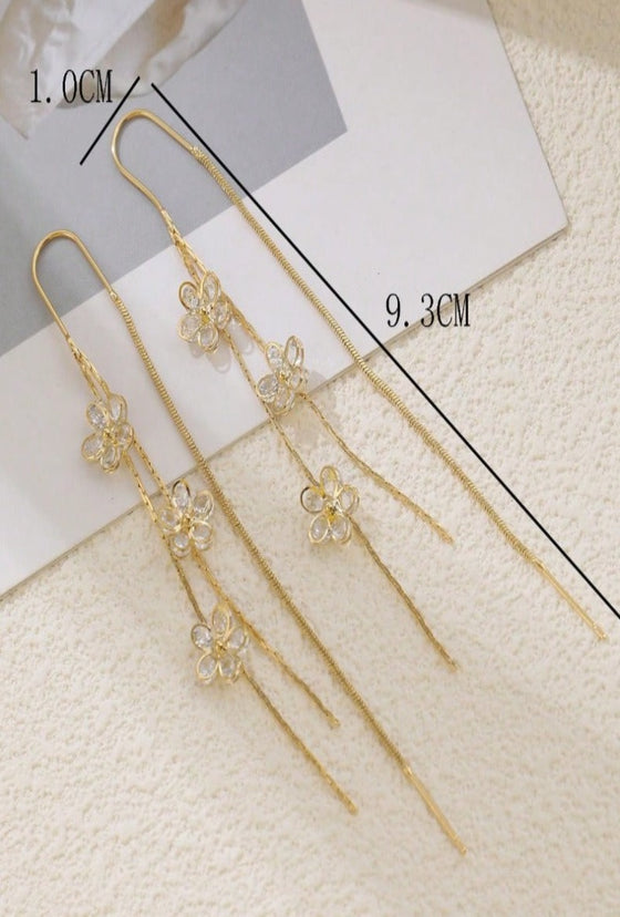 1pair Gold-Color Copper Flower & Cubic Zirconia Dangle Earrings