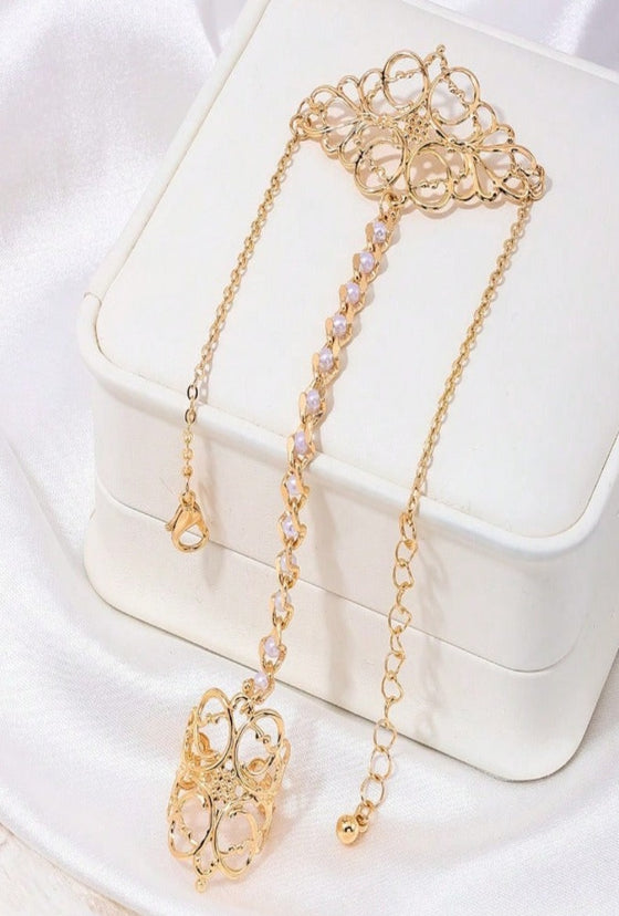 1pc Hollow Out Flowers Design Hand Chain With Finger Ring